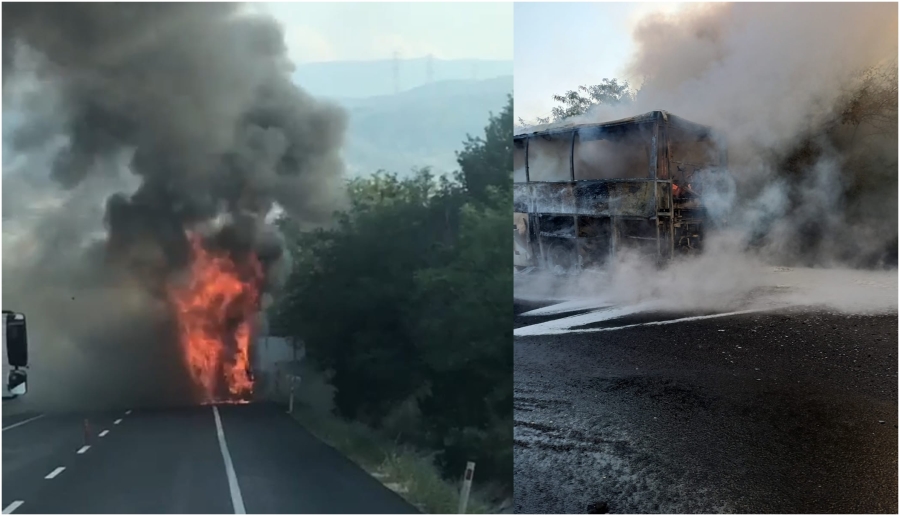 Yolcu otobüsü alev alev yandı