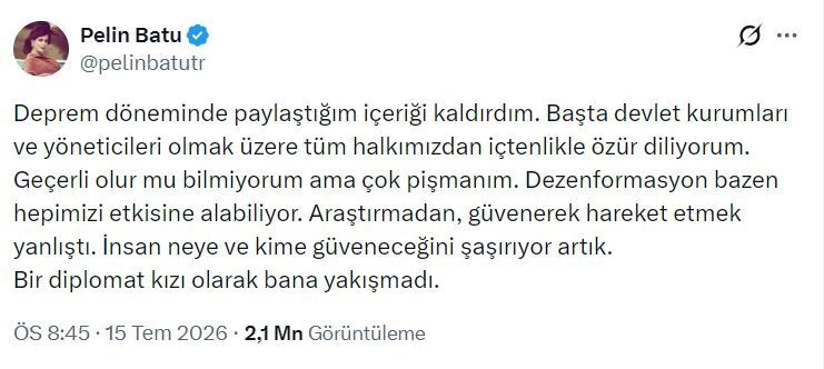 Deprem zamanında "Devlet yoktu" diye paylaşım yapan Pelin Batu özür diledi
