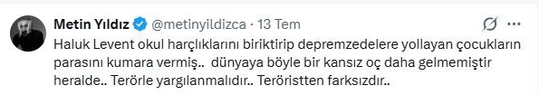 Oyuncu Metin Yıldız’dan Haluk Levent’e tepki: "Terörle yargılanmalıdır, teröristten farksızdır"
