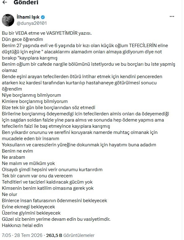 İlhami Işık: Oğlum tefecilere esir oldu