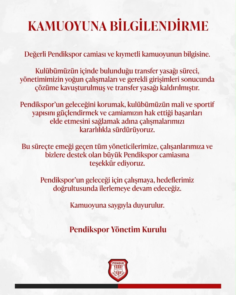 Pendikspor Transfer Yasağını Kaldırdı