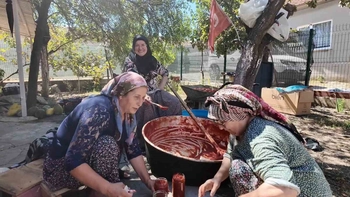 Alaybey'de kadınlar imece usulüyle salça yapıyor