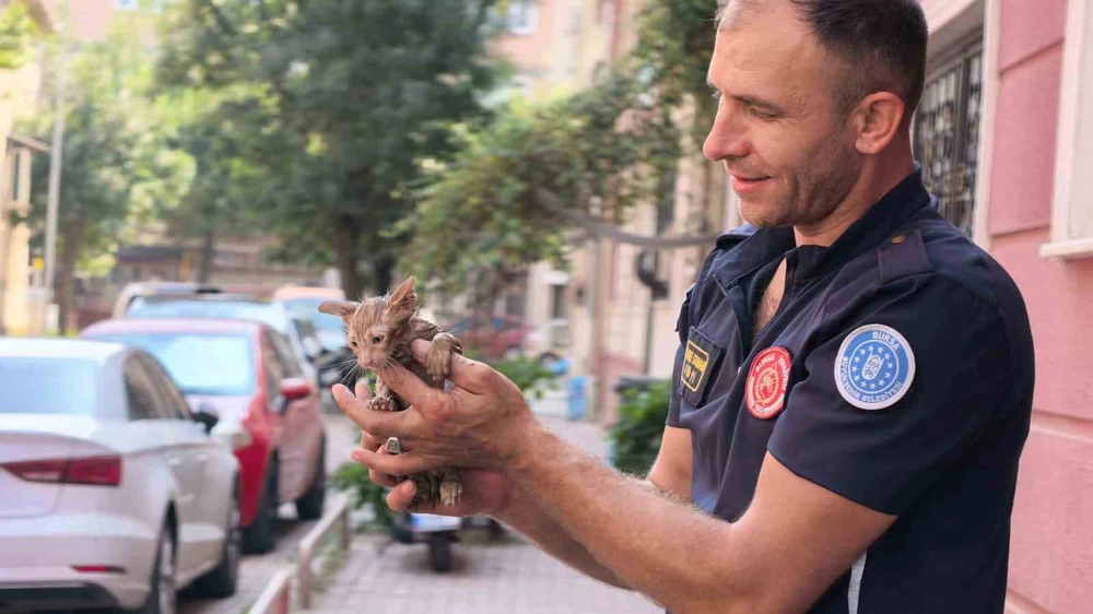 İnegöl'de Yağmur Suyu Giderine Sıkışan Yavru Kedi İtfaiye Ekiplerince Kurtarıldı
