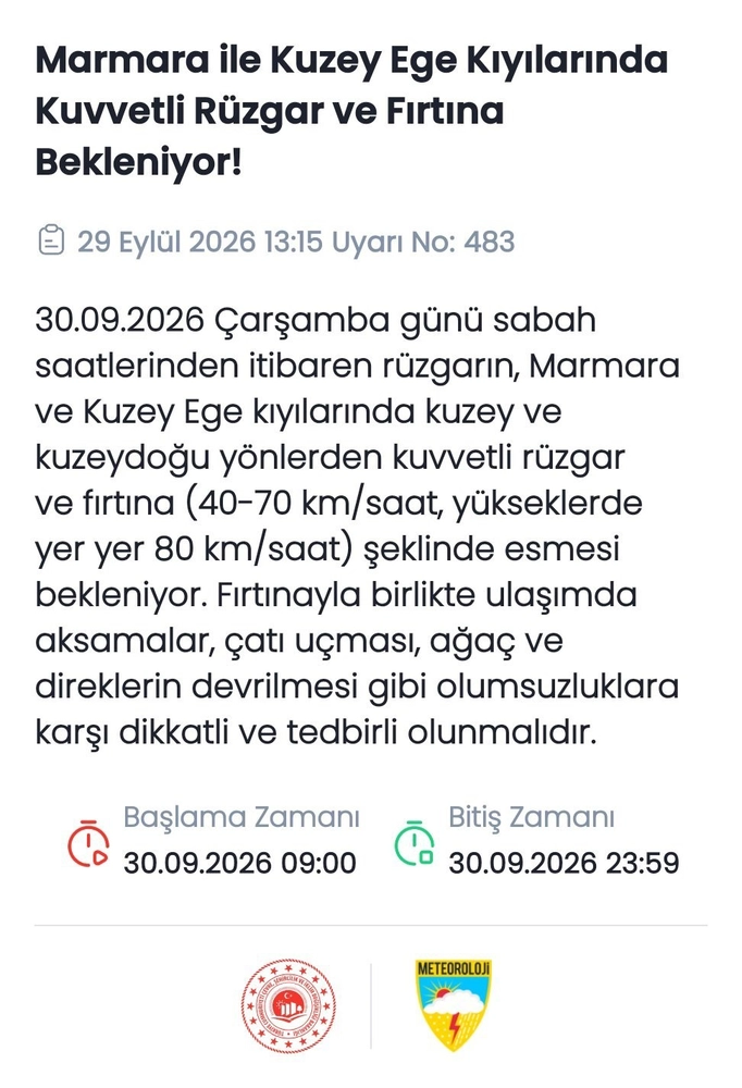 Marmara ve Kuzey Ege Bölgelerinde Şiddetli Fırtına Uyarısı